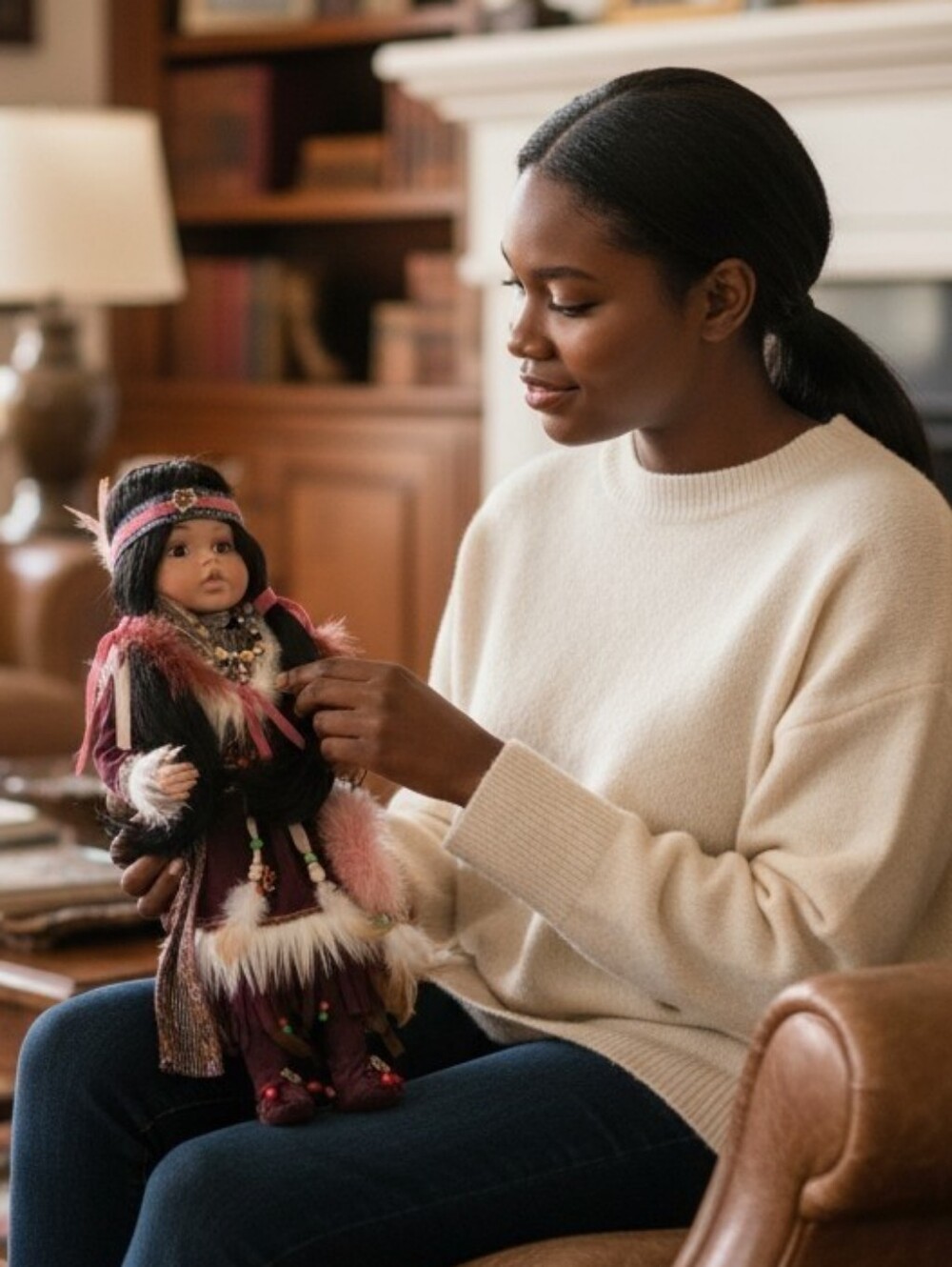 Vintage Collectible Native-Style Doll with Black Hair and Feather Accents